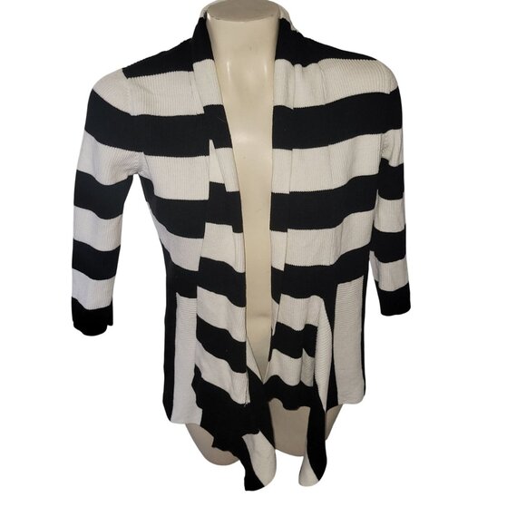St. Johns Bay Womens Black & White Striped Open-Front Cardigan Sweater L 100% Co - Picture 1 of 6